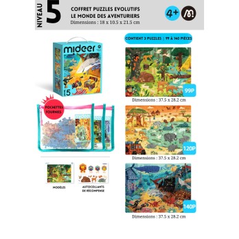 Coffret Puzzles Evolutifs - Niveau 5 - 4 ans et plus - Le Mondes des Aventuriers - 3 puzzles