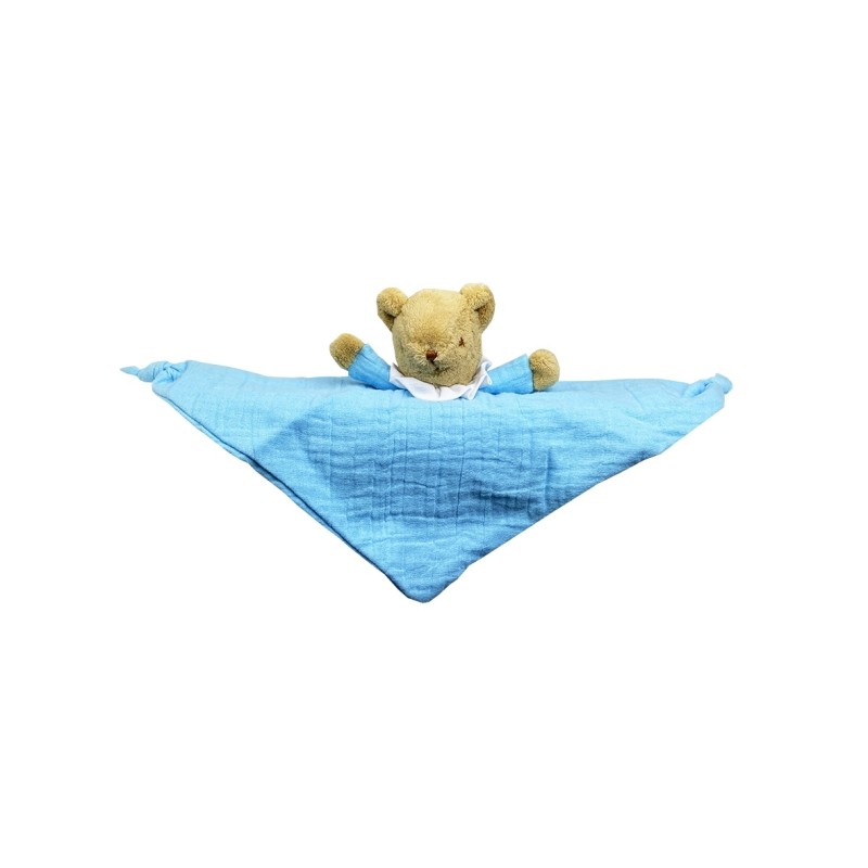 Ours Triangle Doudou avec Hochet 20Cm - Coton Bio Bleu Ciel