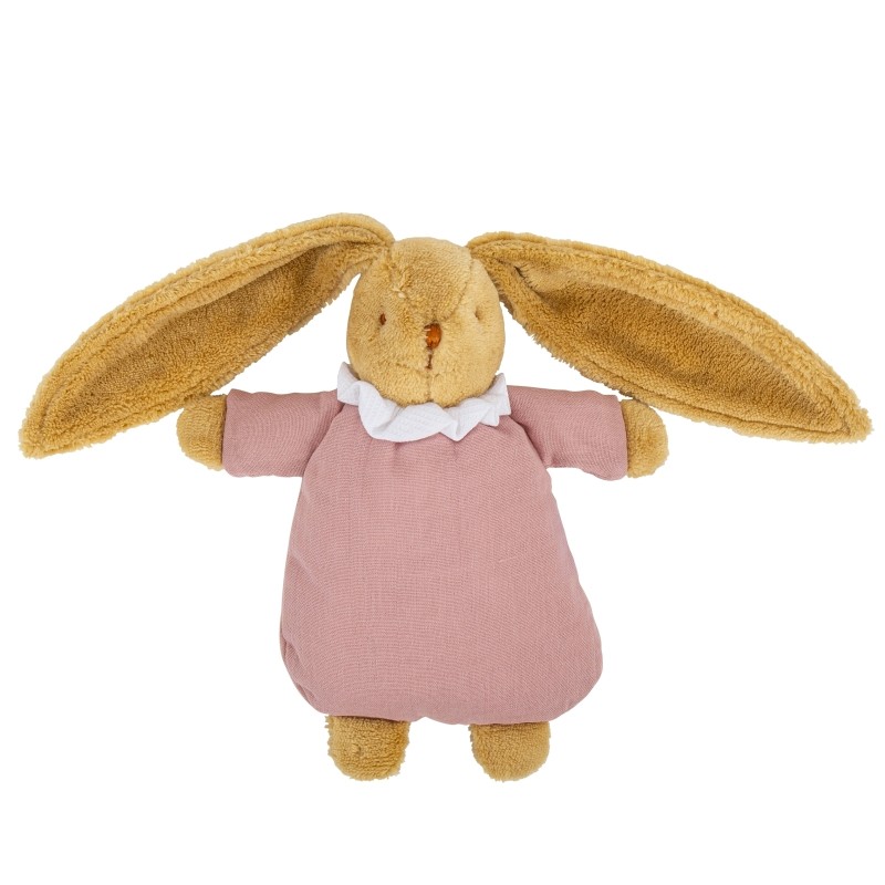 Lapin Nid d'Ange Doudou avec Hochet - Coton Bio Vieux Rose 20Cm