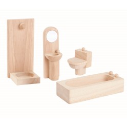 Comprend une baignoire, une douche, des toilettes et un lavabo avec miroir, pour compléter la maison en bois et stimuler les je