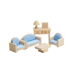 Un ensemble de 5 pièces : TV sur meuble, table basse avec lampe, canapé et 2 fauteuils, parfait pour personnaliser la maison v